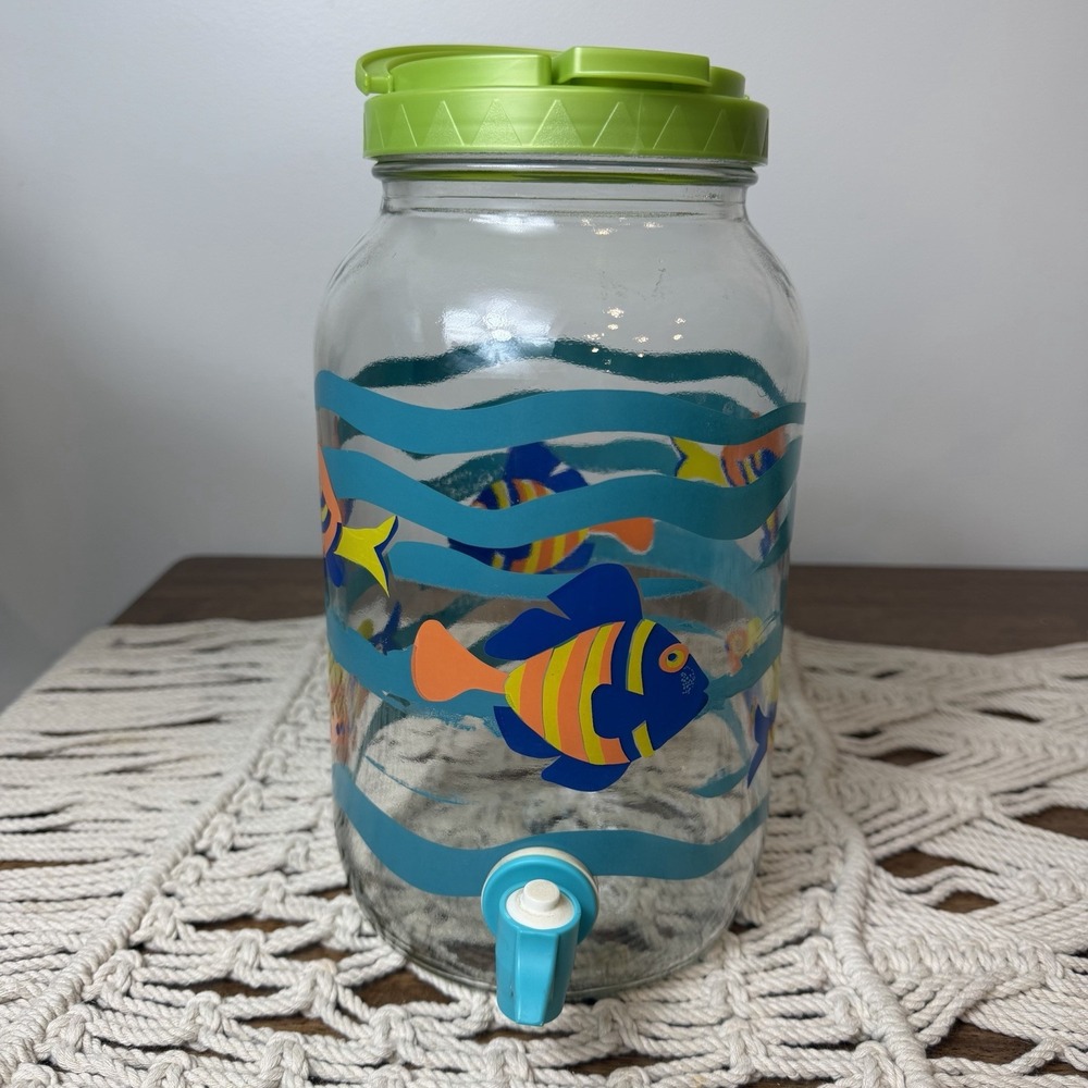Fish Ocean Glass Beverage Dispenser Water Sun Tea Jar With Spout 1 Gal Vintage